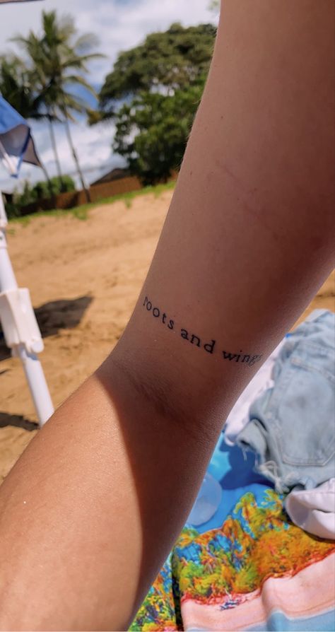 Times New Roman Tattoo, Roots And Wings Tattoo, Line Tattoo Simple, Tattoo Typewriter, Typewriter Tattoo, Upper Arm Tattoo, Roman Tattoo, Roots Tattoo, Tattoo Fine Line