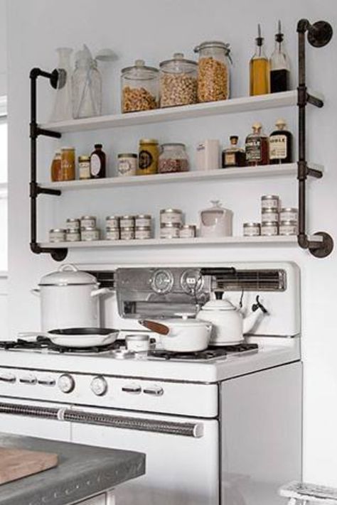 Love the shelving above the stove!! Miller House, Miller Homes, Vintage Appliances, New York Homes, Pipe Furniture, Pipe Shelves, Trendy Kitchen, Style At Home, Eclectic Home