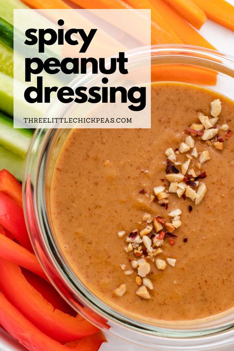 This made from scratch spicy peanut dressing comes together in about 5 minutes. It’s creamy, savory from the tamari, tangy from the lime juice, sweet from the maple syrup, and a little kick from the crushed red pepper flakes. Spicy Peanut Dressing, Vegan Salad Dressing Recipes, Oil Free Salad Dressing, Vegan Appetizers Recipes, Peanut Salad, Oil Free Vegan Recipes, Vegan Salad Dressing, Spicy Salad, Vegan Summer Recipes