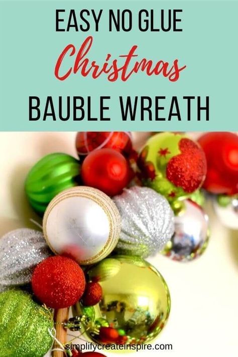 "The easiest DIY bauble wreath - no glue needed! Plus plenty of inspiration of gorgeous DIY Christmas wreaths you can make at home. Make your own Christmas decorations with these simple wreath tutorials at home. DIY ball wreath with a hoop is the perfect way to make a massive Christmas wreath without spending a fortune! " How To Make A Bauble Wreath, Ball Ornament Wreath, Alternative Wreath Ideas, Diy Bauble Garland, Diy Bauble Wreath, How To Make An Ornament Wreath, Diy Ball Wreath, Bauble Wreath Diy, Foam Wreath Ideas