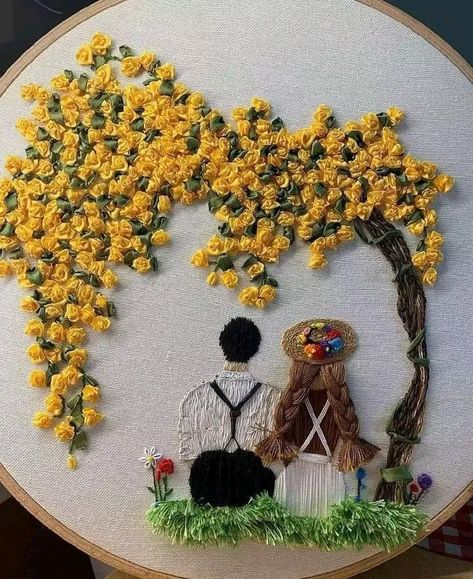 Sulaman Pita, Embroider Ideas, Embroidery Hoop Art Diy, Simple Hand Embroidery Patterns, Birds Embroidery Designs, Embroidery Hoop Wall Art, Ribbon Embroidery Tutorial, Embroidery Wall Art, Flower Decorations Diy