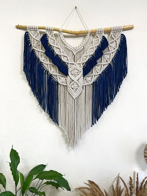 Blue and beige macrame wall hanging, boho decor, macrame wall art, macrame wall decor, macrame decor, modern macrame, bohemian wall art https://etsy.me/45YjvPL #beige #macrame #blue #bedroom #wallhangings #bohemianwalldecor #bohomacrame #wovenwallhanging #bedroomwallde Blue Macrame Plant Hanger, Blue Bohemian Macrame Earrings, Blue Macrame Wall Hanging, Navy Blue Macrame Wall Hanging, Blue And White Macrame Wall Hanging, Macrame Ocean Wall Hanging, Macrame Backdrop, Bedroom Wall Hangings, Macrame Wall Decor