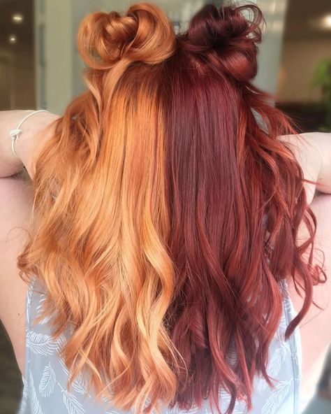 Unique Copper Hair, Igora Royal Copper, Pumpkin Spice Hair, Underlights Hair, Split Dyed Hair, Space Buns, Different Hair Colors, Winter Hair Color, Copper Hair