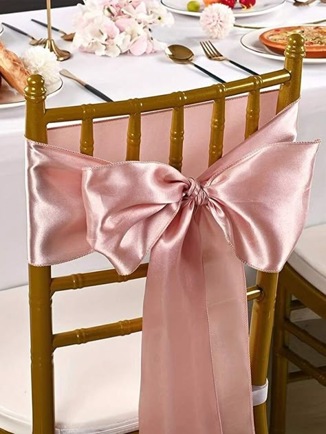 Wedding Chair Decorations Ribbon, Chair Covers Wedding Reception, Pink And White Party, Birthday Chair, Goa Wedding, Party Chairs, Chair Bows, Sweet 16 Decorations, Bow Baby Shower