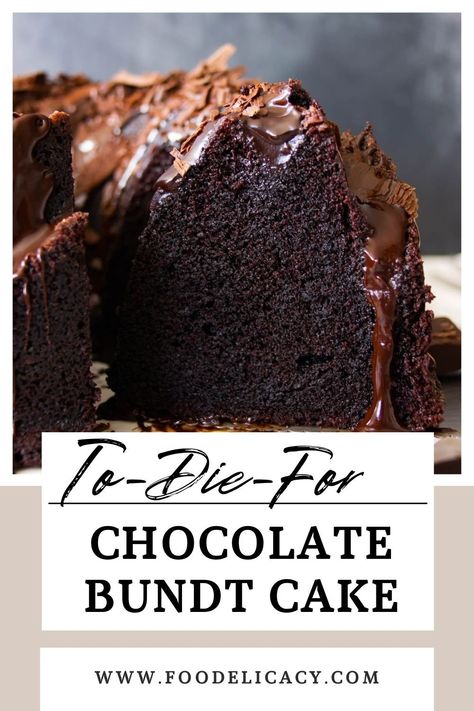 Make your best chocolate bundt cake ever! This rich chocolate cake has rich chocolate flavour and a fluffy, moist texture. It easily transforms into a dreamy chocolate cake with a homemade chocolate glaze or decadent chocolate ganache - it will satisfy all your chocolate cravings. Even without a bundt pan, you can bake the cake batter in regular cake pans and make a beautiful chocolate layer cake. Frost with a classic chocolate buttercream and decorate with fresh berries. | www.foodelicacy.com Chocolate Ganache Bundt Cake, Chocolate Cake With Glaze, Best Chocolate Bundt Cake, Dark Chocolate Bundt Cake, Moist Chocolate Bundt Cake, Regular Cake, Bundt Cake Recipes, Simple Cakes, Chocolate Bundt