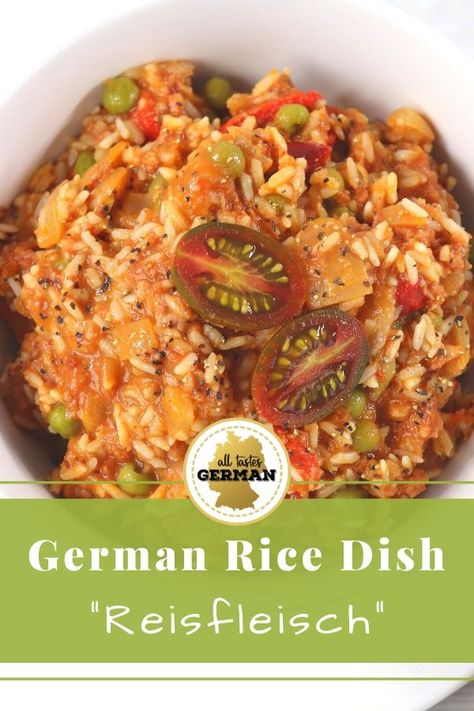 Reisfleisch is a German rice based dish which is originally made with Schmalzfleisch. In this recipe I use corned beef instead as Schmalzfleisch is difficult to get in the U.S. But the taste is equally great. #germanmaindish #germanricedish #germanrecipes #germandishes #germanfood German Rice Recipes, German Rice, German Main Dishes, German Goulash, German Side Dishes, Rice Ideas, Grains Recipes, German Things, Rice Dishes Recipes