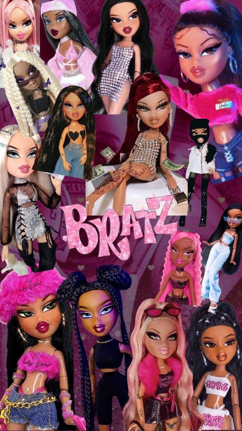 Bratz Dolls Aesthetic Trio, Brats Wallpapers, Y2k Aesthetic Pictures, Las Bratz, Bratz Wallpaper, Bratz Yasmin, Yeri Mua, Black Bratz Doll, Pink Glitter Wallpaper