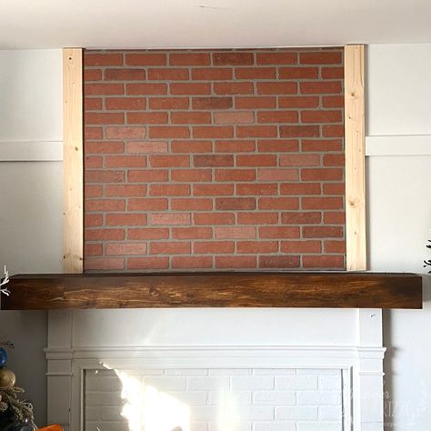 Faux Brick Behind Fireplace, Floor To Ceiling Faux Fireplace, Faux Brick Wall With Mantle, Brick Panel Fireplace, Faux Brick Panel Fireplace, Brick Paneling Fireplace, Fake Brick Wall Panel, Faux Brick Fireplace, Faux Chimney