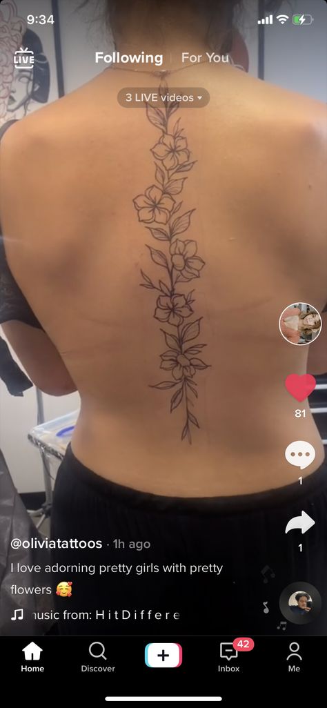 Sakura Spine Tattoo, Hibiscus Spine Tattoos For Women, Spine Tats For Women Flower, Lily Spine Tattoos For Women, Hibiscus Flower Spine Tattoo, Line Work Spine Tattoo, Hibiscus Spine Tattoo, Spine Tats For Women, Spine Tattoos For Women Flowers