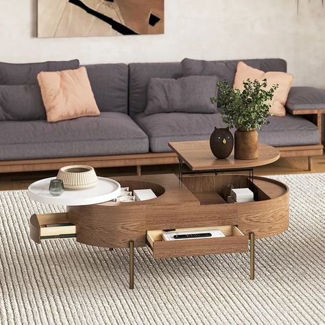 Hernest | Oval Lift Top Wood Coffee Table with Storage and 360° Rotating Leakproof Tray, Transformable Furniture Living Room, Rotating Coffee Table, Transformable Furniture, Wood Coffee Table With Storage, Smart Living Room, Coffee Table Small Space, Lift Up Coffee Table, Coffee Table With Hidden Storage, Multifunctional Table