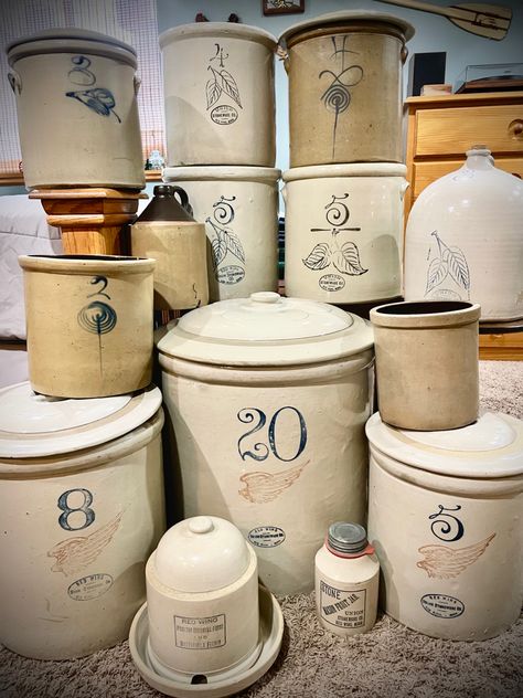 Antique Flour Bin, Decorating With Crocks, Crock Display, Crock Ideas, Red Wing Crocks, House Gardening, Butter Churns, Antique Stoneware Crocks, Wood Tool Box