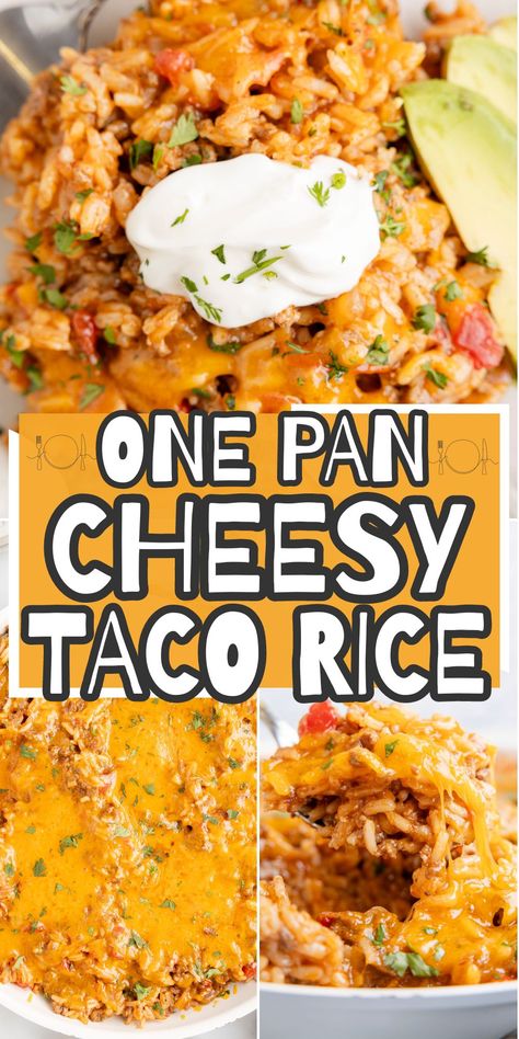 Cheesy Taco Rice is an easy one pan meal bursting with all the taco flavor you love! It's a weeknight favorite that the whole family will love with it's melty cheese and loaded taco rice - the best part is that dinner can be ready in 30 minutes with this one pan wonder. One Pot Taco And Rice, 1 Pan Rice Meals, Easy Weeknight Mexican Dinners, Mexican Food Recipes With Rice, Taco Casserole With Rice Easy Recipes, Taco In A Pan, Easy Taco Rice Casserole, One Pan Taco Rice Dinner, Mexican Food Recipes Rice