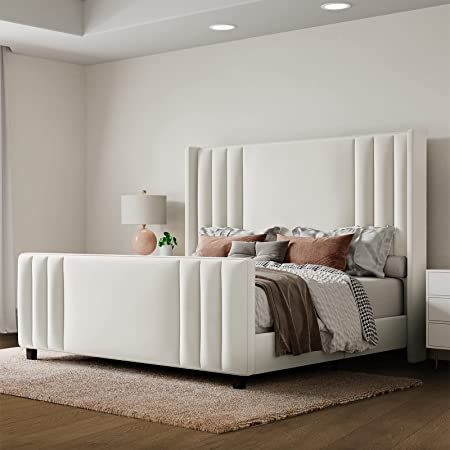 Amazon.com: Albott Queen Size Platform Bed Frame, Upholstered Bed with Vertical Channel Tufted Wingback Headboard & Footboard, Premium Velvet, No Box Spring Needed, White : Home & Kitchen Bed Frame Upholstered, King Platform Bed Frame, Queen Platform Bed Frame, Tufted Upholstered Bed, King Size Platform Bed, White Bed Frame, Cama King Size, Velvet Upholstered Bed, Queen Size Platform Bed