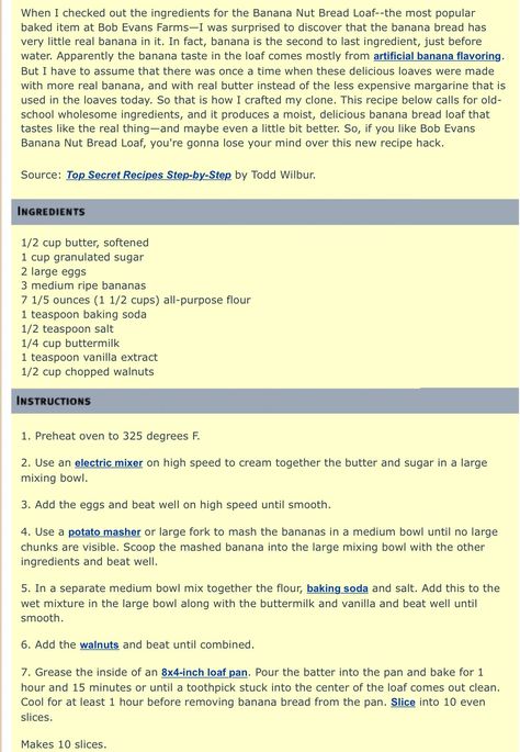 Bob Evans Banana Bread, Bob Evans Banana Bread Recipe, Bob Evans Recipes, Dessert Truffles, Bob Evans, Banana Nut Bread, Baking Bread, Banana Bread Recipe, Cat Recipes