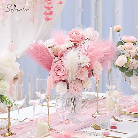 Pampas Grass Home Decor, Tabletop Floral Arrangements, Pink Pampas, Pink Pampas Grass, Faux Pampas, Short Vase, Pampas Grass Decor, Grass Decor, Hari Valentine