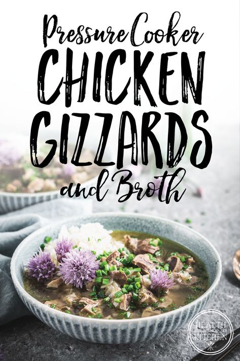 Chicken Gizzards, while sounding obscure and intimidating, are not only inexpensive (yet high quality nutrition) they also taste delicious when cooked properly!! With my Pressure Cooker Chicken Gizzards and Broth served with Rice and Chive Blossoms you will enjoy the taste and texture of an otherwise discarded part of the chicken, made into a gourmet treat in less than 30 minutes! Gizzards Instant Pot, Chicken Gizzards Instant Pot, Chicken Gizzards Crockpot, Gizzards Recipe, Organ Meat, Organ Meats, Pressure Cooker Rice, Cornish Hen, Ip Recipes