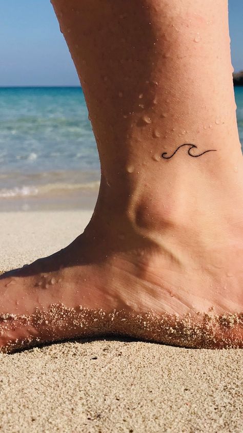 Tiny Wave Tattoo Wave Tattoo On Ankle, Ancle Tatoos Woman Simple, Ocean Ankle Tattoo, Ankle Wave Tattoo, Wave Ankle Tattoo, Tiny Wave Tattoo, Stretch Mark Tattoo, Ocean Wave Tattoo, Small Wave Tattoo