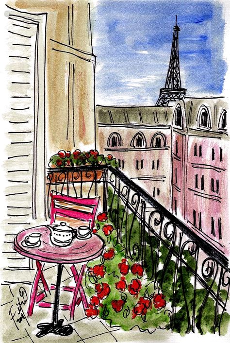 Paris Balcony #Paris Art Parisien, Paris Illustration, Graffiti Artwork, Pink Chair, I Love Paris, Paris Art, Love Paris, Arte Sketchbook, Urban Sketching