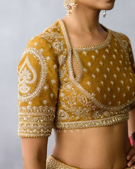 T O R A N I (@toraniofficial) • Instagram photos and videos Lehenga Blouse Embroidery Designs, Yellow Ethnic Outfit, Lengha Blouse Designs Back, Yellow Blouse Work Designs, Blouse Neck Ideas, Modest Blouse Designs, Bride Blouse Designs Bridal, Lehenga Blouse Ideas, Neck Designs For Tops