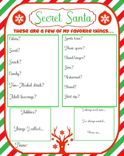 These are a few of my favorite things. Secret Santa Template Christmas gift exchange questionaire. Family gift exchange. Work Friends Co-worker gift ideas. Christmas Party. White Elephant Game. Elf or Rudolph games. FREE! Family Gift Exchange Questionaire, Work Secret Santa Ideas Free Printables, What To Get Your Friend For Christmas Secret Santa, Christmas Gift Exchange Questionnaire, Christmas Secret Santa Ideas Work, Gift Exchange List Template, Secret Santa Ideas For Family, Family Secret Santa Questionnaire, Christmas Secret Santa List