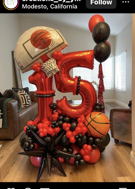 Basketball Balloon Decorations, Sports Themed Balloon Arch, Balloon Over Broadway, Jordan Balloon Decor, Basketball Sweet 16 Party, Basketball Theme Balloon Garland, Basketball Balloon Bouquet, Basketball Theme Balloon Decor, Basketball Birthday Party Decorations Balloon Arch