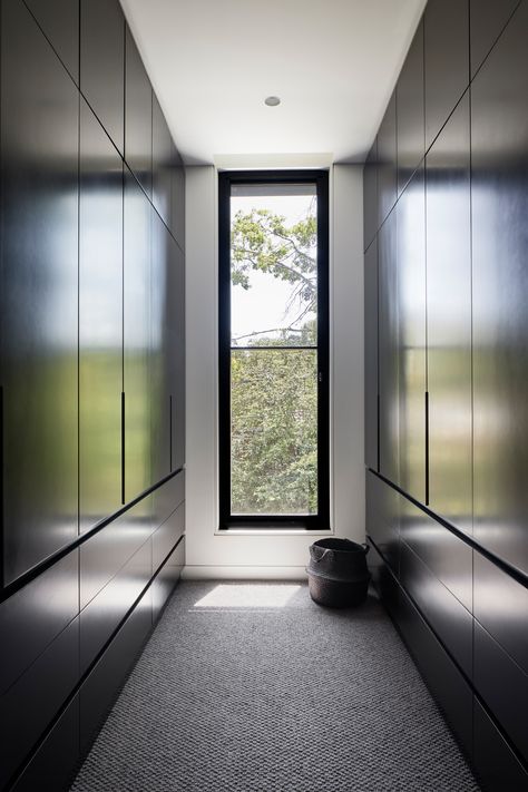 35 Dreamy Dressing Rooms & Walk-in Wardrobes | Houzz AU Bright White Interior, Metal Window Frames, Black Window Frames, Melbourne Home, Timber Battens, Tall Windows, Open Plan Living Room, Walk In Robe, Melbourne House