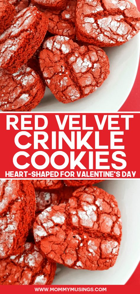 Heart-Shaped Red Velvet Crinkle Cookies for Valentine's Day #valentinesdayideas #valentinesday #crinklecookies #redvelvet #heartshaped #cookierecipes #dessertrecipes Holiday Desserts Cookies, Red Velvet Crinkles, Red Velvet Crinkle Cookies, Chocolate Crinkle, Valentines Day Desserts, Crinkle Cookies, Valentines Day Cookies, Valentines Food, Köstliche Desserts