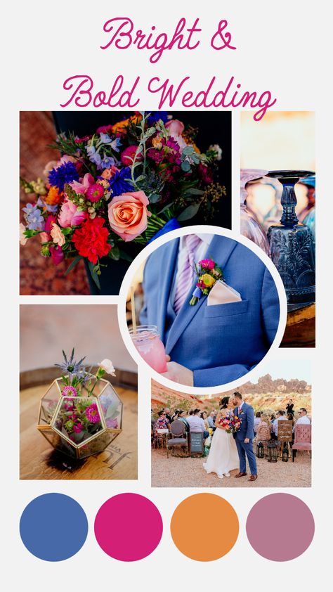 Wedding Colors Bright, Blue And Fuschia Wedding, Navy Blue Orange Pink Wedding, Bright Summer Wedding Colors, Sunset Wedding Palette, Pink Orange And Blue Wedding, Blue Orange Pink Wedding, Bright Wedding Color Palette, Bold Color Wedding Theme