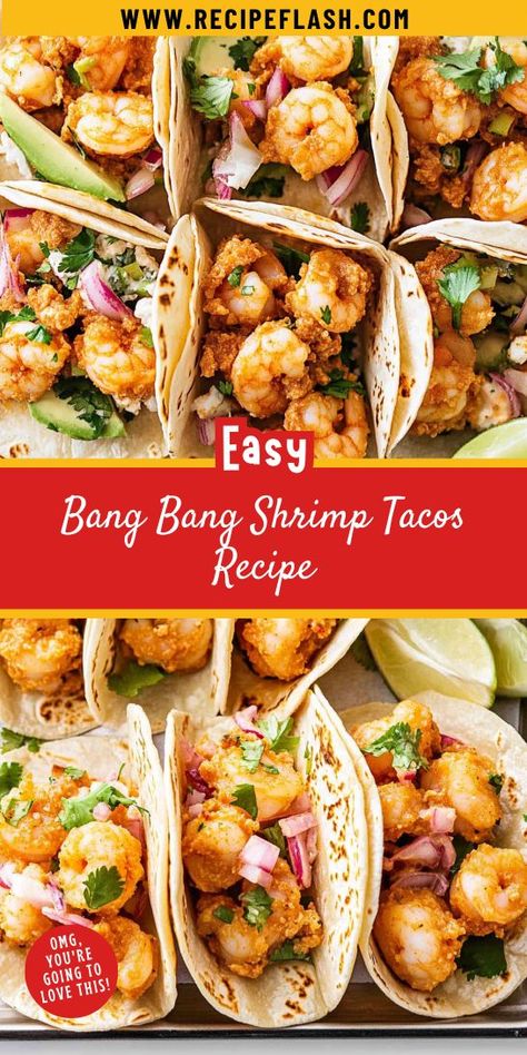 Looking for a delicious twist on taco night? Our Bang Bang Shrimp Tacos combine crispy shrimp with a creamy, spicy sauce for an unforgettable seafood dinner. Enjoy this quick and easy recipe that’s perfect for weeknights! Save it now for your next family meal inspiration! Easy Bang Bang Shrimp, Bang Bang Sauce Recipe, Bang Bang Shrimp Tacos, Shrimp Taco Sauce, Taco Dinner Recipes, Crispy Fried Shrimp, Shrimp Tacos Recipe, Bang Bang Shrimp Recipe, Shrimp Tacos Easy