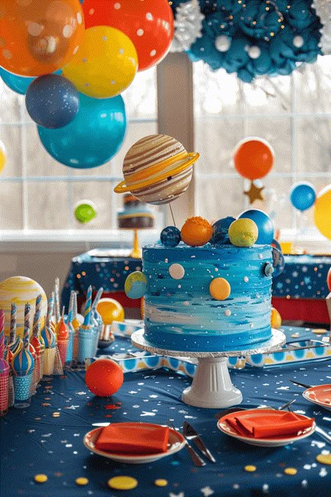 space themed birthday party for boys Three Space Birthday, Space Planets Birthday Party, Space Themed Fourth Birthday, Space Theme 1st Birthday Cake, Planet Birthday Theme, Reach For The Stars Birthday Cake, Space Theme Party Activities, Diy Space Birthday Party, 3rd Birthday Party Space Theme