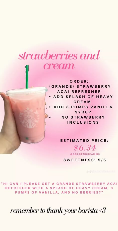 Starbies Order, Strawberry Acai Refresher Recipe, Recipe With Heavy Cream, Coffe Drinks, Starbucks Copycat Recipes Drinks, Preppy Tips, Starbies Drinks, Starbucks Drink Menu, Strawberry Acai Refresher