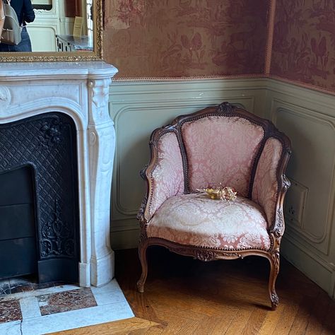 Pink Academy Aesthetic, Dark Academia Pink Aesthetic, Chair Aesthetic Dark, Pink Dark Academia Room, Soft Victorian Aesthetic Bedroom, Hermia Aesthetic, Pink Academia Room, Dark Academia Chair, Pink Library Aesthetic