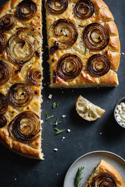 A photo of a  Caramelized Onion and Goat Cheese Sourdough Focaccia which is a type of sourdough focaccia Goat Cheese Focaccia, Focaccia Bread Flavors, Foccacia Rolls, Fancy Foccacia, Thanksgiving Focaccia, Sourdough Foccacia Recipe, Pumpkin Focaccia, Focaccia Recipes, Cheese Sourdough