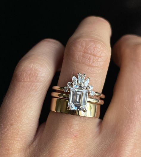 Add a unique look to your engagement ring with stacks! Plus diamonds on diamonds on diamonds! Marrow Fine, Wedding Rings Emerald Cut, Emerald Cut Engagement Ring, Dream Wedding Ring, Stacked Wedding Bands, Cute Engagement Rings, Future Engagement Rings, Stackable Wedding Bands, Emerald Cut Engagement