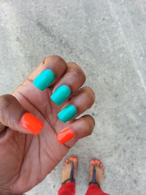 China Glaze Turned up turquoise  studio M sunset orange Turquoise And Orange Nails, Purple Toe Nails, Purple Toes, Turquoise Nails, Sunset Orange, Nail Stuff, Future Trends, Toe Nail Designs, Teal Orange