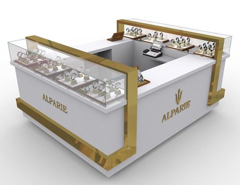 Mini Watch Mall Kiosk of ALPARIE — M2 Retail Kiosk Design Mall, Mall Kiosk Design, Cell Phone Kiosk, Gold And White Design, Jewelry Display Booth, Mobile Shop Design, Jewelry Store Interior, Mall Kiosk, Jewelry Booth