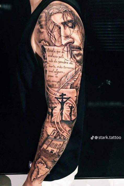 Religious Sleeve Tattoo Men, Cross Tattoo On Back, Biblical Tattoos For Men, Chest Neck Tattoo, Memorial Tattoo Ideas, Scripture Tattoos, Biblical Tattoos, Full Leg Tattoos, Last Kingdom