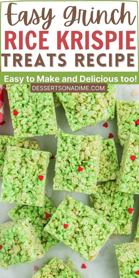 Change your classic holiday treat and make Grinch Rice Krispie Treats. Delicious and easy recipe and always a fun holiday treat to make. Adding a tiny red heart makes it a fun Grinch themed treat. #dessertsonadime #ricekrispietreats #grinchrecipes Christmas Desserts Grinch, Green Rice Krispie Treats, Grinch Christmas Treats, Holiday Dessert Drinks, Krispie Treats Christmas, Rice Krispie Treats Christmas, Rice Krispie Treats Recipe, Rice Crispy Treats Recipe, Kids Party Snacks