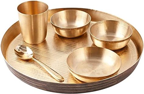 RAJ GHARANA METALS Bronze Kansa Set Liquid Food, Temple Decor, Platter Set, Bronze Table, Dinner Set, Dish Sets, Serving Food, Linen Table Runner, Dinner Sets