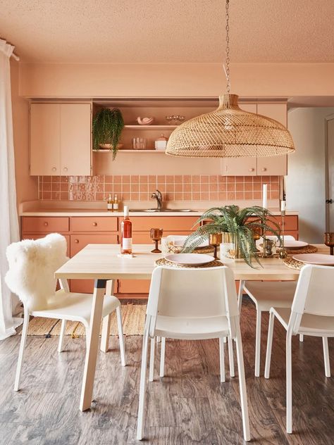 Inside our Spaces: The Residence Pink Terrazzo Tile, Affordable Renovations, Ikea Cupboards, Dark Brown Furniture, Ikea Coffee Table, Two Tone Kitchen, Brown Furniture, Ikea Cabinets, Boho Kitchen