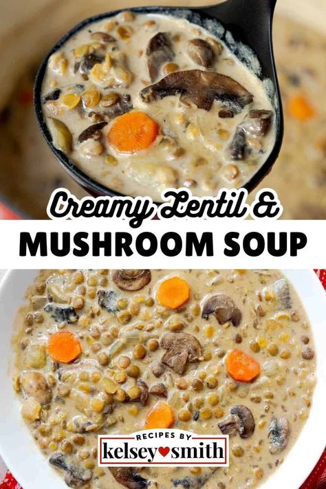 Creamy Lentil Soup, Lentil Soup Recipe, Mushroom Soup Recipes, Pantry Ingredients, Creamy Rice, Lentil Soup Recipes, Dinner Meal, White Mushrooms, Vegetable Broth