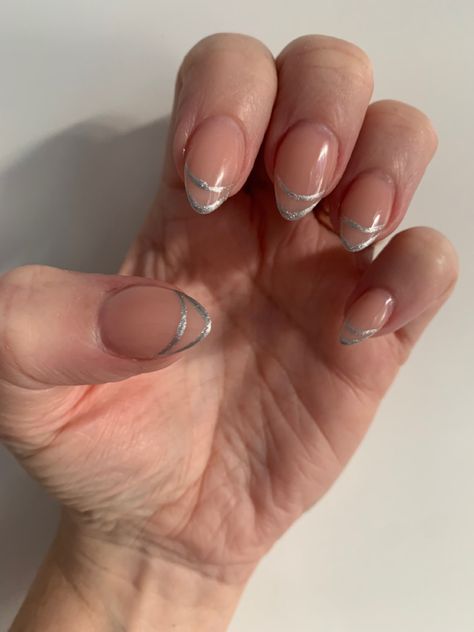 Almond French Tip With Silver Line, French Nails With Silver Line, French Pedicure With Silver Line, French Tips With Silver Line, Silver Tip Nails French Manicures, French Manicure Silver Line, Silver Tip Nails, Silver Line, French Tip Nails