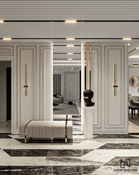 R E C E P T I O N on Behance Passage Area Design, Classic Entrance Design, Neoclassic Interior Design, Classic Contemporary Interior Design, Neoclassic Design, Classic Entrance, Neoclassical Interior Design, Lobby Interior Design, Classical Interior