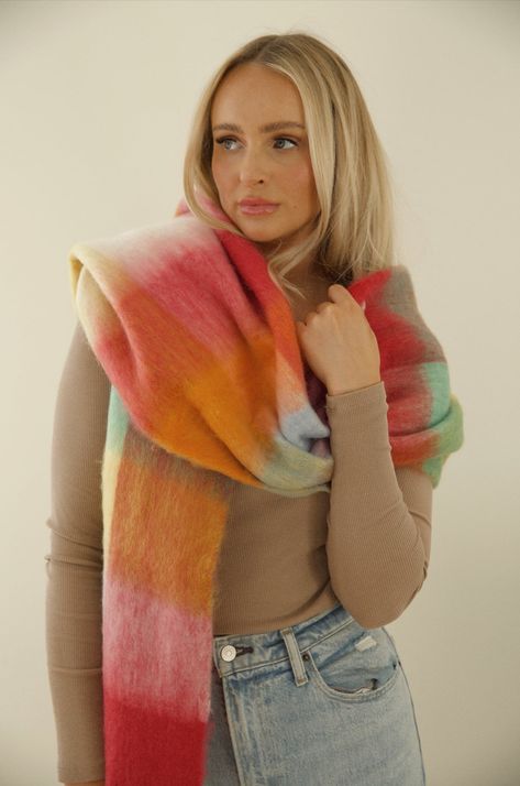 Cozy Feels Multicolor Fringe Scarf - Rainbow Plaid Scarf – TINK & POSH Acne Scarf, Fuzzy Scarf, Rainbow Plaid, Checkered Scarf, Sweater Outfits Fall, Rainbow Scarf, Scarf Outfit, Fall Scarves, Fall Capsule Wardrobe