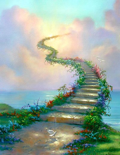 Jim Warren - Stairway to Heaven Heaven Artwork, Jim Warren, Nature Paintings Acrylic, Heaven Painting, Stairs To Heaven, Heaven Art, Way To Heaven, Beautiful Angels Pictures, Beautiful Wallpapers Backgrounds