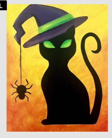 Fall Easy Canvas Painting, Kids Halloween Canvas Painting Ideas, Family Halloween Painting Ideas, Cute Witch Painting, Cute Halloween Things To Paint, Halloween Paint Night Ideas Easy, Mushroom Door Painting, How To Paint A Witch, Halloween Painted Gourds