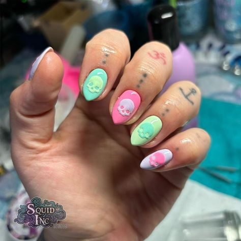 All about the talons this week! Flock effect skull nails, inspired by the pastel skull wall art I made 💀 #skullnails #flocknails #pastelnails #pastelgoth #pastelgothfashion #pastelgothaesthetic #gothnails #gothnailsofinstagram #gothnailart #alternativefashion #alternativenails #pastel #pastelskull #pastelskulls #nailart #nailartist #uknails #uknailart #uknailartist #gelnails #spring #springnails #pastelaesthetic #pastel #pastelgothdecor #pastelart #pastelgrunge Pastel Goth Nail Art, Halloween Nails Pastel, Pastel Halloween Nails, Pastel Goth Nails, Goth Nail Art, Zombie Nails, Pastel Skull, Pastel Goth Aesthetic, Uk Nails