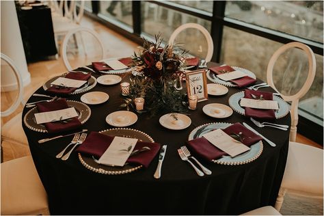 Black Table Cloth Burgundy Napkins, Black And Burgundy Wedding Table Settings, Wine Wedding Table Setting, Wine Color Themed Wedding, Burgundy And Black Wedding Reception, Black Tablecloth Burgundy Napkins, Maroon And Black Wedding Table Decor, Dark Fall Wedding Table Settings, Black And Burgundy Wedding Decorations Table Settings