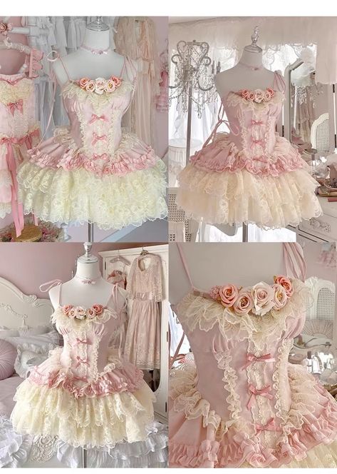 Brown Cottagecore Dress, Puffy Pink Dress, Frilly Clothes, Pink Frilly Dress, Fairy Tale Fashion, Bottom Dream, Coquette Dresses, Long Satin Gloves, Dollcore Outfits