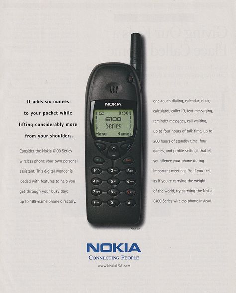 1999 Retro Ad: — Nokia 6100 Series Wireless Phone Retro Ads Poster, Retro Phone Aesthetic, Nokia Phone Aesthetic, Nokia Aesthetic, 90s Advertisements, Y2k Ads, Technology Advertising, 90s Cell Phone Aesthetic, Nokia Ads 2000s